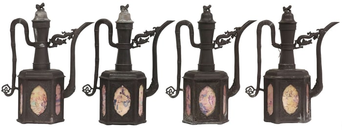 (4) ASIAN PATINATED & PAINTED METAL 'DRAGON' WINE EWERS