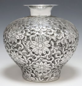 LARGE DECORATIVE SILVER-TONE METAL REPOUSSE VASE