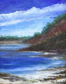 JUDY COPELAND (TX. 1943) ACRYLIC PAINTING 'COASTAL LANDSCAPE'