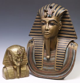 (2) CAST BUSTS OF KING TUT, BRASS & PARCEL-GILT PAINTED PLASTER