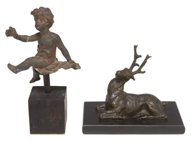 (2) PATINATED BRONZE RECLINING STAG & SPELTER CHERUB SCULPTURES