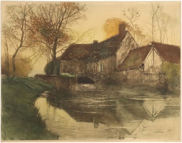 HENRI JOURDAIN (1864-1931) AQUATINT ETCHING, SUNRISE OVER THE CHATEAU