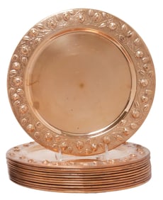 (12) DECORATIVE EMBOSSED COPPER CHARGERS SERVICE PLATES