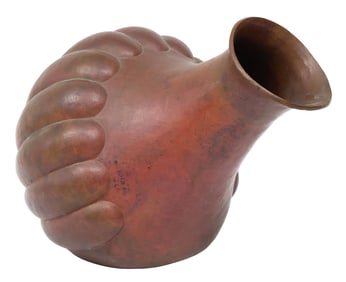 LARGE HAND-HAMMERED ANGLED COPPER VESSEL, MEXICO