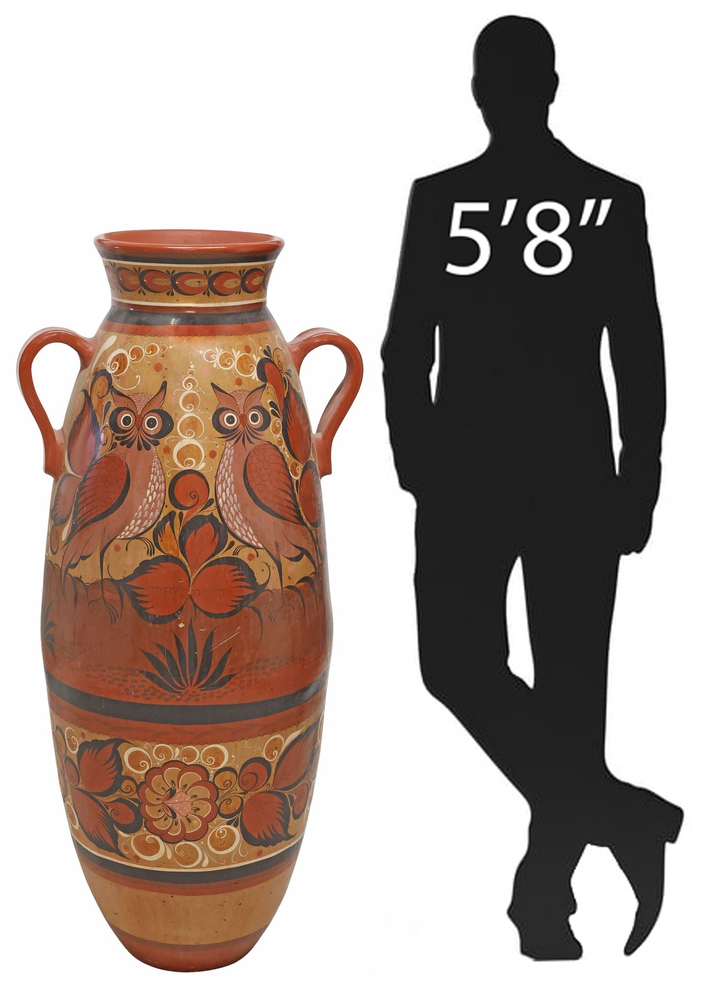 LARGE TONALA MEXICO FOLK ART BURNISHED POTTERY FLOOR VASE, 50"H (1 of 6)