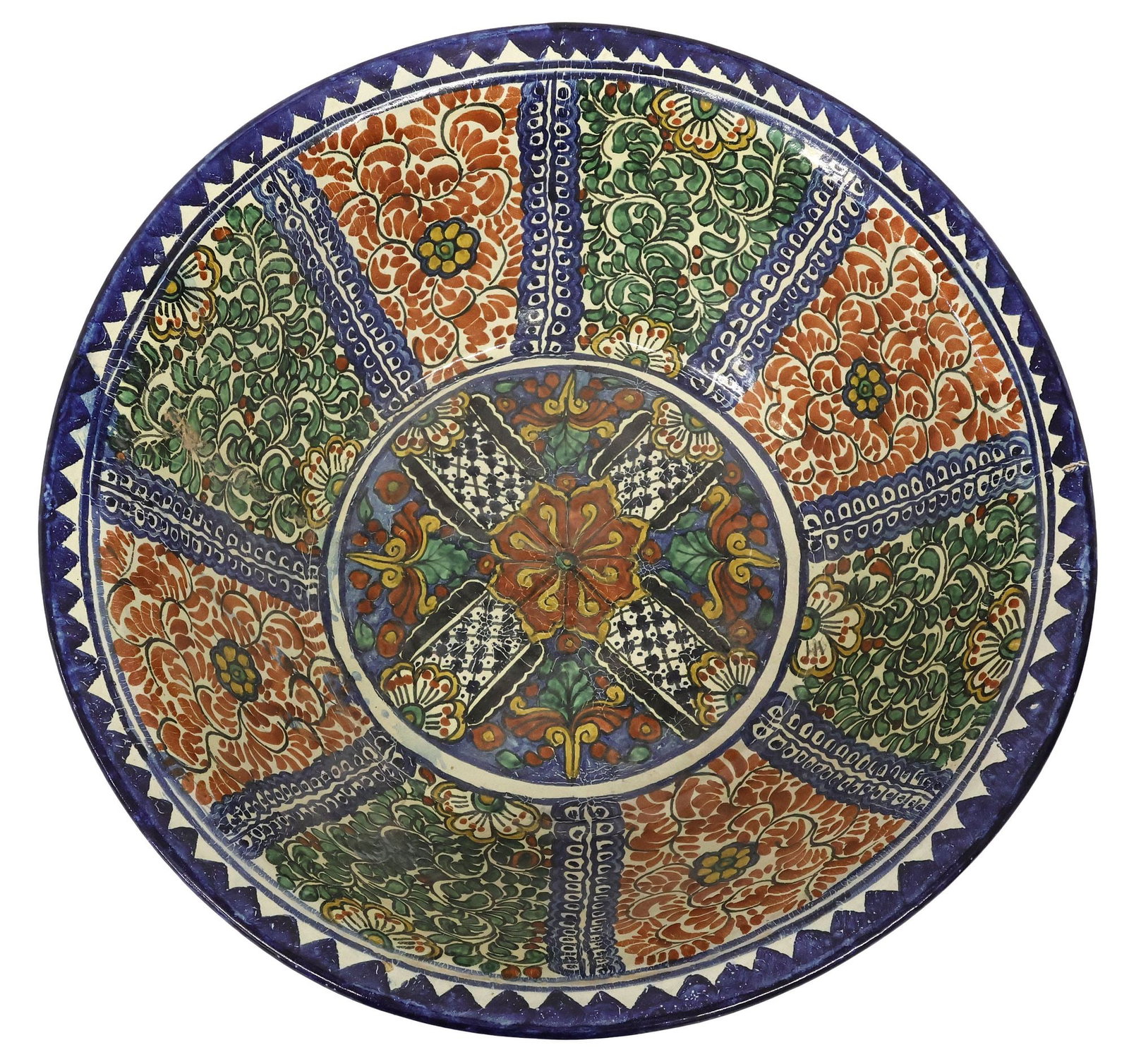 LARGE MEXICO TALAVERA POTTERY BASIN BOWL 22": Large Talavera pottery bowl/ basin, Mexico, vining floral and foliate decoration, apparently unmarked, approx 6.5"h, 22"diam, 15lbs **Provenance: From the estate of Connie Todd (Constance Cl