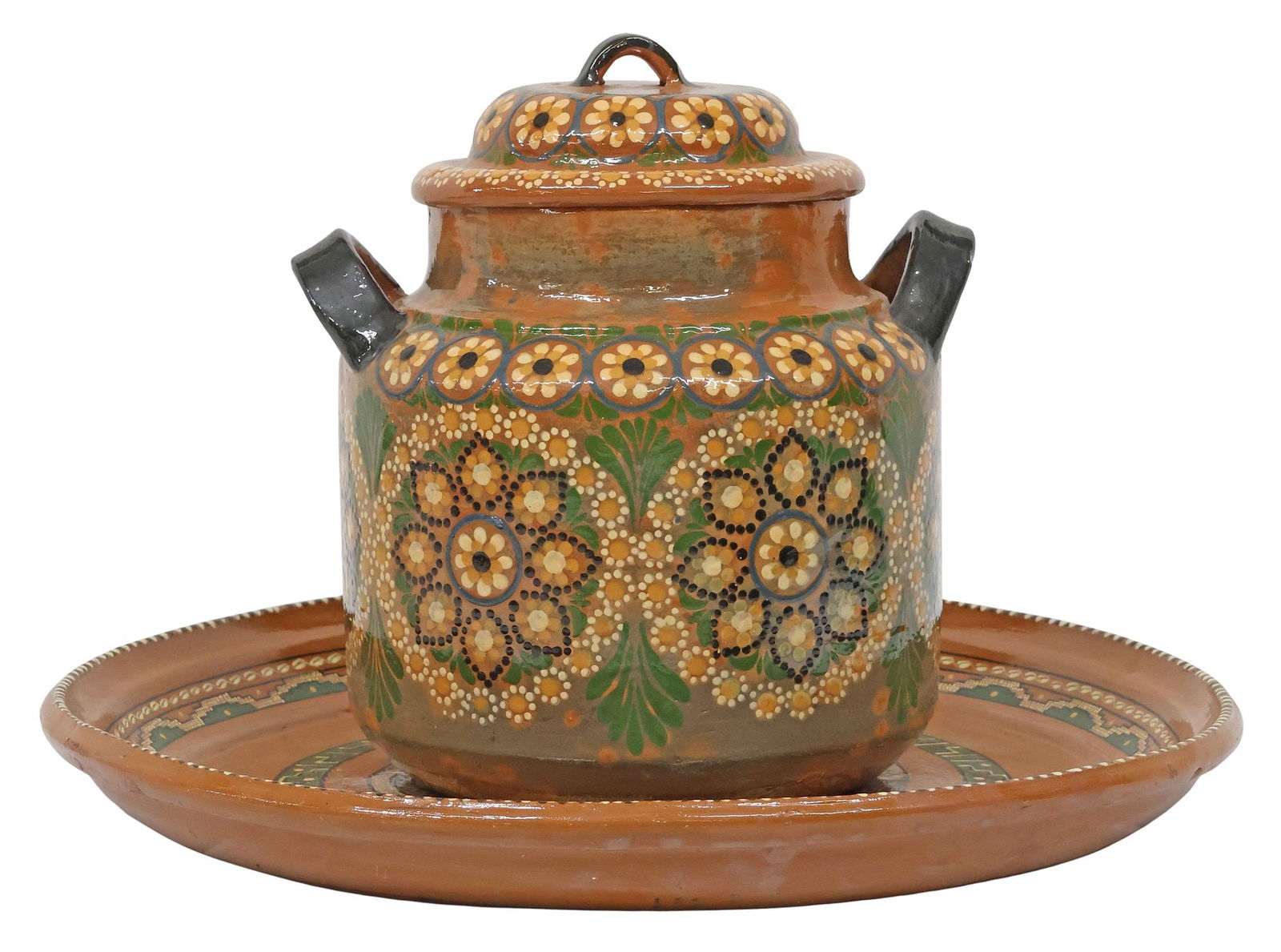 (2) MEXICO FOLK ART REDWARE POTTERY TABLEWARE, COVERED JAR & LARGE SERVICE TRAY: (lot of 2) Folk art redware pottery tableware, Mexico, 20th c., each with repeating slip-decorated designs, including: (1) covered jar/ crock, with dual side handles, various floral and foliate motifs