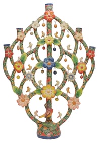 LARGE ARBOL DE LA VIDA TREE OF LIFE POTTERY CANDELABRUM, MEXICO, 30"H