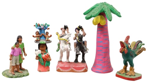 (5) MEXICO FOLK ART POTTERY FIGURES, IRENE AGUILAR, DOMINGO ACERO & OTHERS