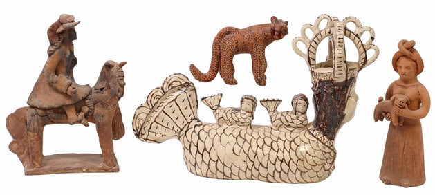 (4) MEXICAN FOLK ART POTTERY FIGURES, MERMAID & JAGUAR, 1 IRENE AGUILAR