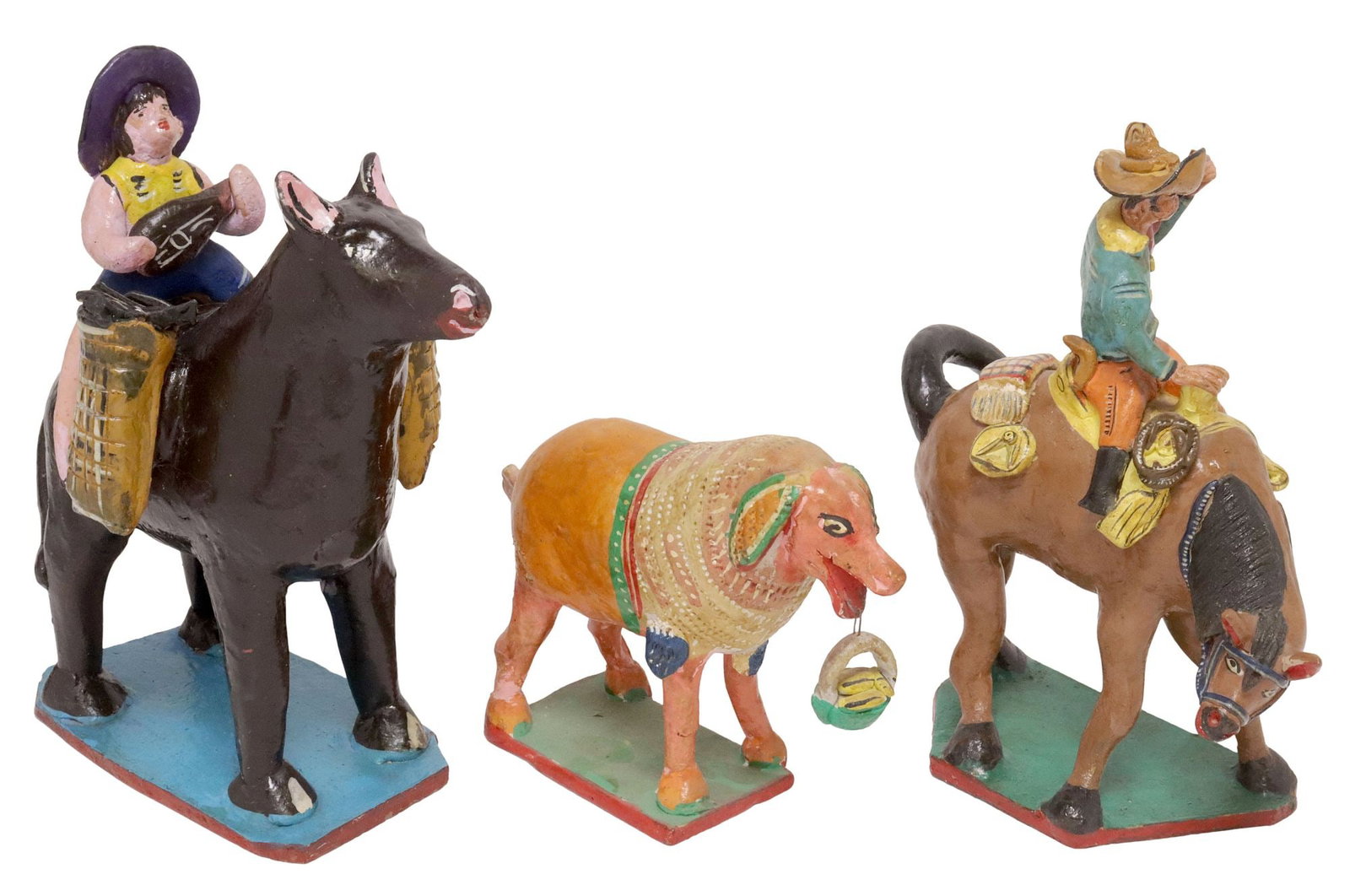 (3) MEXICO FOLK ART POTTERY FIGURES & DOG, 1 MANNER OF JULIAN ACERO: (lot of 3) Folk art pottery figures, Mexico, 20th c., including: (1) dog with basket, in the manner of Julian Acero (Santa Cruz de las Huertas, Jalisco, Mexico, 20th c.), approx 6.25"h, 8"w,