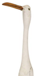 ISAAC SMITH (1944-2016) FOLK ART CARVED & PAINTED BIRD SCULPTURE: Folk Art carved and painted wood sculpture, white egret perched on a tree stump, signed underfoot Isaac Smith (American, active in Louisiana and Texas, 1944-2016), intact with restoration at bird's an