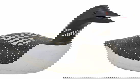 NEIL LEVY (20TH C.) NOVA SCOTIA FOLK ART CARVED LOON DECOY: Carved and painted wood waterfowl decoy, Loon, 1993, Neil P. Levy (Canadian, 20th c.), with inset eyes, approx 10.25"h, 24"l, 9"w, 7lbs **Provenance: From the estate of Connie Todd (Constance Clare To