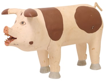 DAVID ALVAREZ (ATTRIB) NEW MEXICO FOLK ART CARVED & PAINTED WOOD PIG