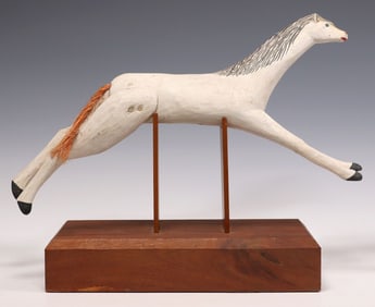 AMERICAN FOLK ART CARVED & PAINTED LEAPING HORSE ON STAND