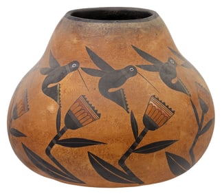 ROBERT RIVERA NEW MEXICO PAINTED HUMMINGBIRD GOURD VESSEL