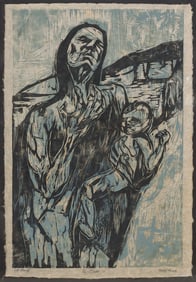 NELLIE BUEL (1908-2002) WOODCUT ON BARK PAPER 'EL GRITO'