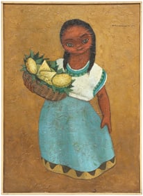 JOSE SAMANO TORRES (MX, B.1942) PAINTING GIRL WITH PINEAPPLE