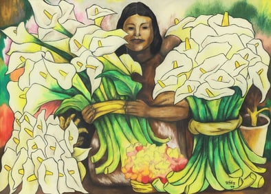 AFTER DIEGO RIVERA PASTEL DRAWING, 'CALLA LILES VENDOR' SIGNED TIBHA