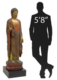 LARGE CHINESE PARCEL GILT CARVED HARDWOOD BUDDHA ON STAND, 64"H