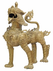LARGE ASIAN BRONZE GUARDIAN LION SCULPTURE
