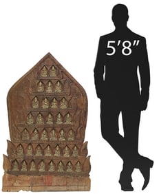 SOUTHEAST ASIAN THAI ARCHITECTURAL CARVED BUDDHIST VOTIVE PANEL, 51.5"H X 33"W