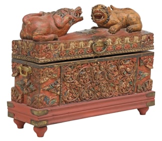 SOUTHEAST ASIAN HEAVILY CARVED POLYCHROME PAINTED STORAGE CHEST