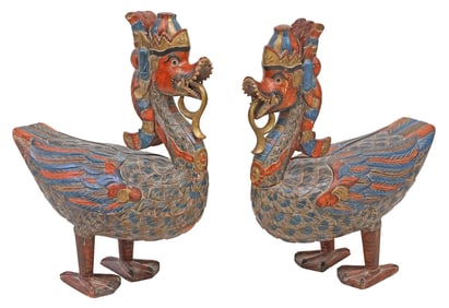 (2) LARGE INDONESIAN CARVED & POLYCHROME PAINTED GARUDA BIRDS, 28"H