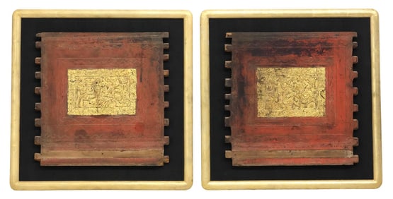 (2) FRAMED SOUTHEAST ASIAN PARCEL GILT RELIEF-CARVED  ELEMENTS