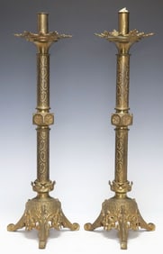 (2) LARGE GOTHIC REVIVAL GILT BRASS ALTAR CANDLESTICKS