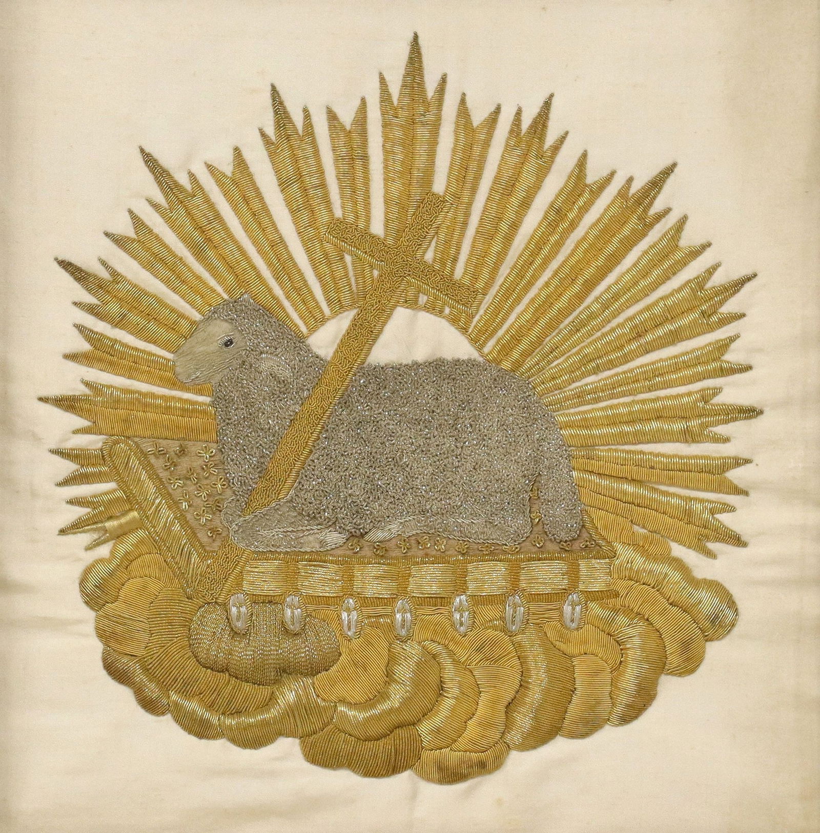 FRAMED GOLDWORK EMBROIDERY CHASUBLE FRAGMENT AGNUS DEI (1 of 3)