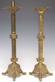 (2) LARGE GOTHIC REVIVAL GILT BRASS ALTAR CANDLESTICKS