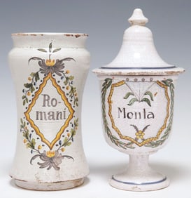 (2) SPANISH MAJOLICA GLAZED POTTERY APOTHECARY & ALBARELLO JARS
