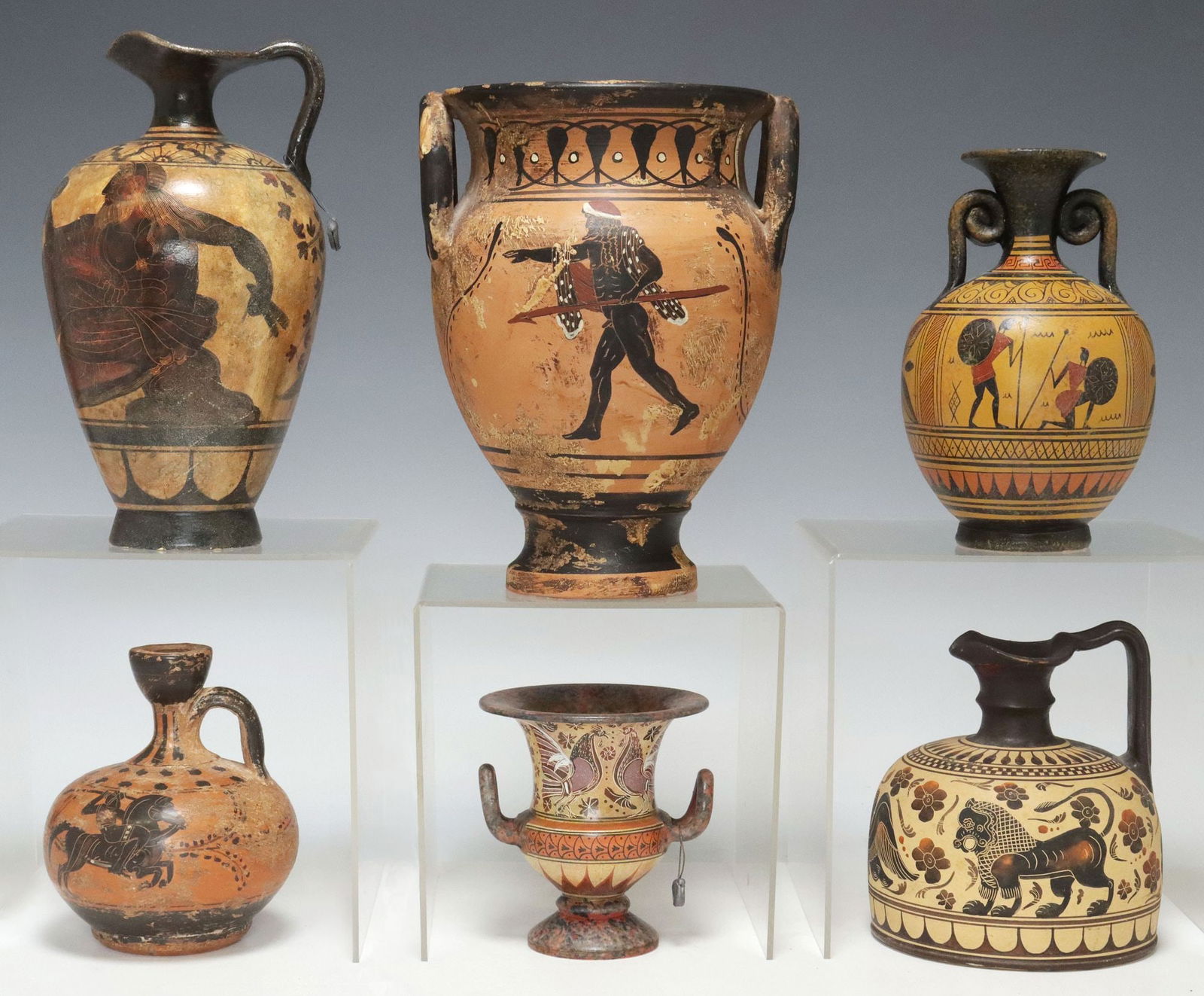 (6) GRAND TOUR STYLE REPRODUCTION GREEK & ROMAN POTTERY VASES: (lot of 6) Grand Tour style painted pottery vessels, all reproductions of ancient Greek and Roman examples, including: (1) dual-handled urn, a reproduction Corinthian art krater, signed underfoot