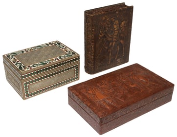 (3) SPANISH LEATHER CIGAR BOXES & ENAMELD SILVER-TONE METAL TABLE BOX