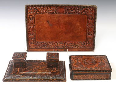 (3) SPANISH RENAISSANCE REVIVAL LEATHER DESK ACCESSORIES & CIGAR BOX