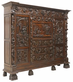 FINELY CARVED SPANISH RENAISSANCE REVIVAL WALNUT SECRETARY BOOKCASE