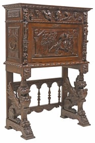 FINE SPANISH RENAISSANCE REVIVAL CARVED WALNUT VARGUENO ON STAND