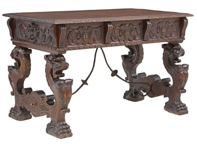 HIGHLY CARVED SPANISH RENAISSANCE REVIVAL CARVED LIBRARY DESK
