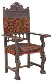 SPANISH RENAISSANCE REVIVAL UPHOLSTERED WALNUT ARMCHAIR