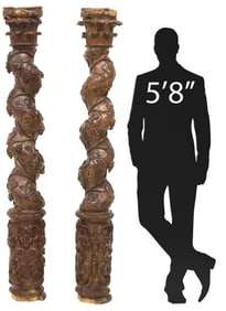 (2) LARGE SPANISH ARCHITECTURAL CARVED SOLOMONIC COLUMNS, 73.5"H