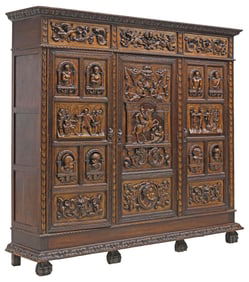 SPANISH RENAISSANCE REVIVAL FINELY CARVED FIGURAL CABINET