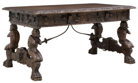 HIGHLY CARVED SPANISH RENAISSANCE REVIVAL CARVED WALNUT LIBRARY DESK