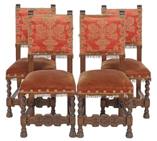 (4) SPANISH BAROQUE STYLE CARVED & UPHOLSTERED OAK SIDE CHAIRS