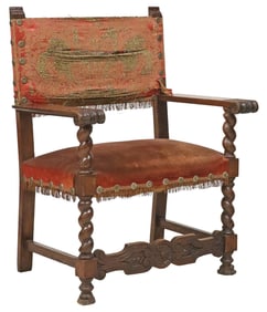 SPANISH BAROQUE STYLE CARVED & UPHOLSTERED OAK ARMCHAIR