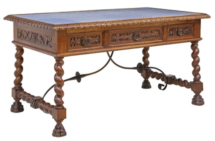 SPANISH RENAISSANCE REVIVAL CARVED OAK LIBRARY TABLE