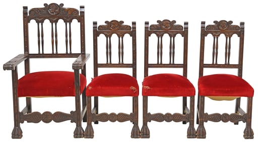 (4) SPANISH RENAISSANCE REVIVAL CARVED & UPHOLSTERED WALNUT CHAIRS