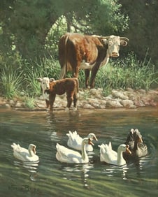 WAYNE BAIZE (T.X., B.1943) HEREFORD CATTLE & GEESE OIL PAINTING