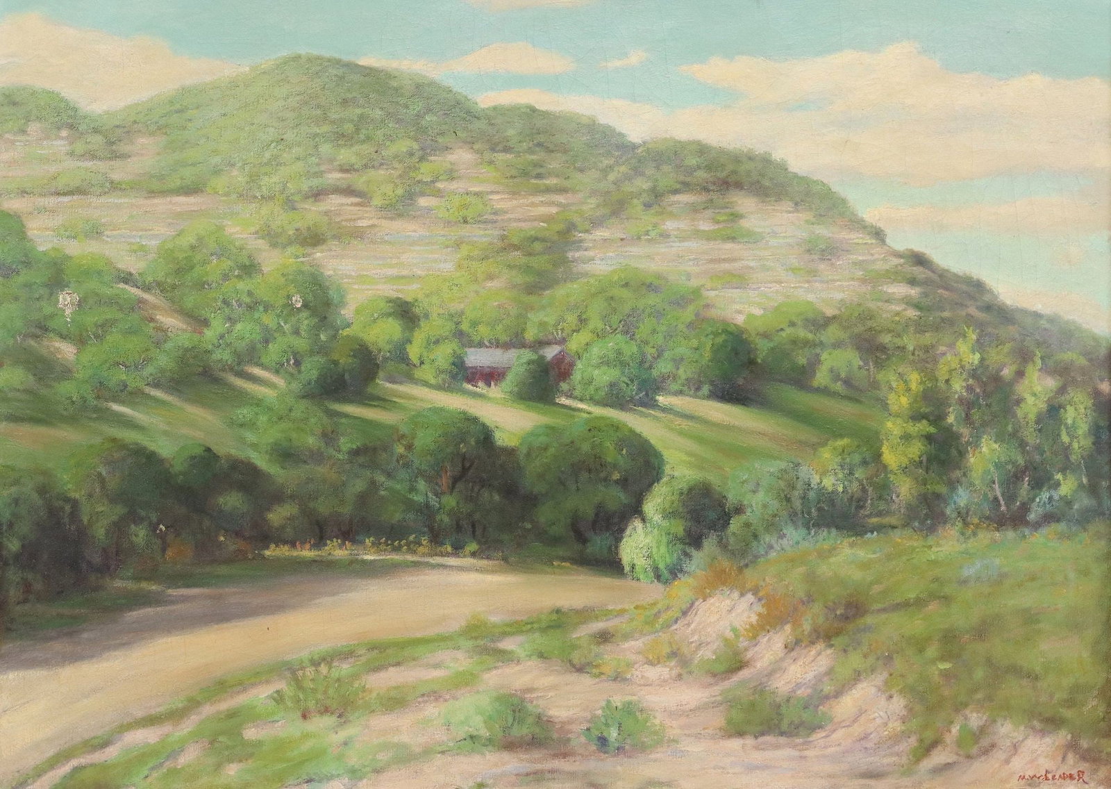 MORRIS WALTON LEADER (1877-1966) TEXAS LANDSCAPE 26" X 36": Framed oil on canvas painting, Texas Landscape, signed lower right M.W. Leader (Morris Walton Leader, American, active in Texas, 1877-1966), surface abrasions, punctures in canvas at upper left, sight