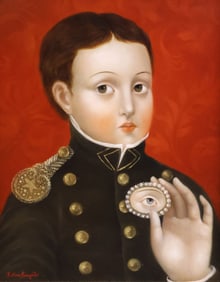 FATIMA RONQUILLO (B.1976) PAINTING 'SOLDIER WITH LOVER'S EYE,' 14" X 11"